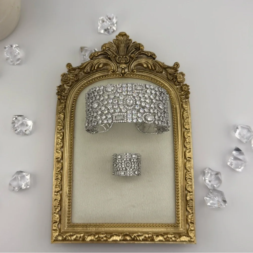 Luxury Cubic Zirconia Cuff Bracelet & Ring Set – Silver Tone - Picture 9 of 17